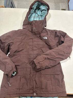 The North Face 2-in-1 Hooded High Neck Weatherproof Brown Jacket XL Plaid Liner
